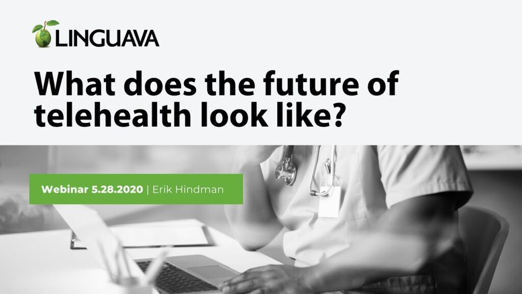 webinar graphic with text of what does the future of telehealth look like and photo of healthcare working sitting with a laptop