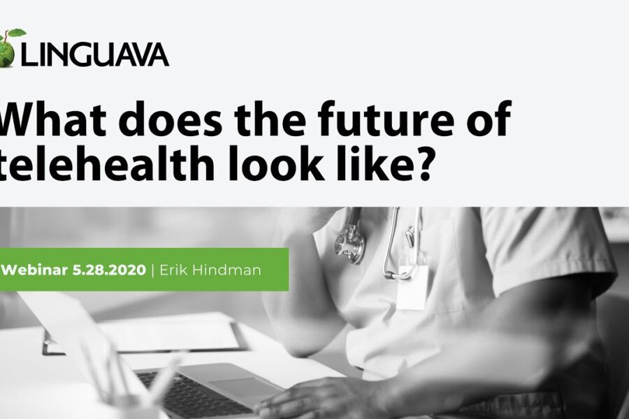 webinar graphic with text of what does the future of telehealth look like and photo of healthcare working sitting with a laptop