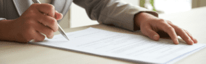 close up of hands of a man signing a paper to show document translation at linguava interpreters