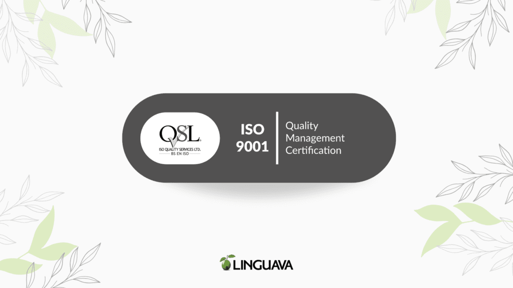 ISO 9001 certification logo above linguava logo and surrounded by leaves
