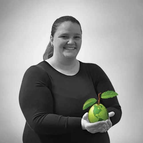 black and white headshot of Jessica Van Winkle ASL interpreter holding a green guava globe Linguava