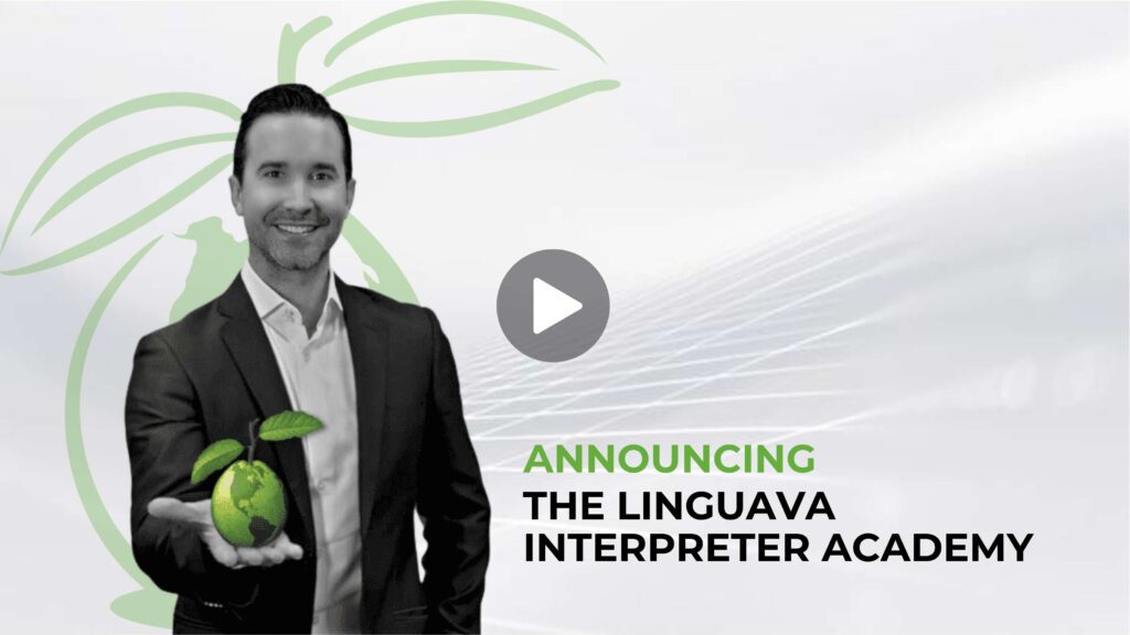photo of david brackett holding the linguava globe and text of announcing the linguava interpreter academy