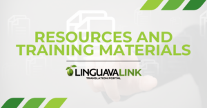graphic with green resources and training materials text above the linguavalink logo and translation portal text in black