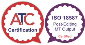red and purple badges with text of ATC Certification ISO 18587 Post-Editing MT Output Certified