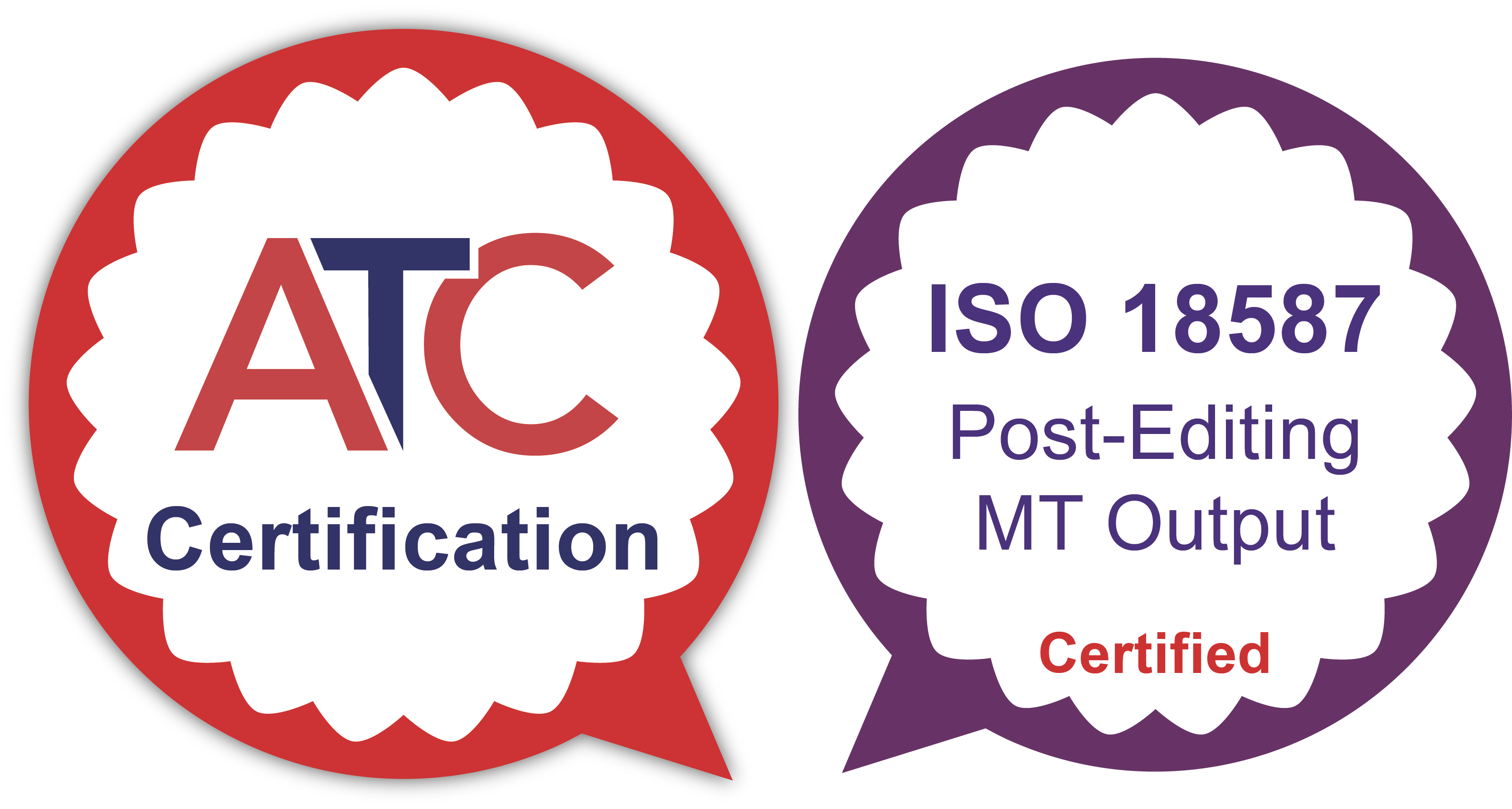 red and purple badges with text of ATC Certification ISO 18587 Post-Editing MT Output Certified