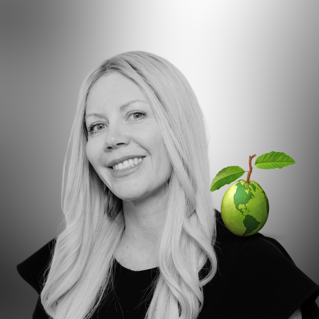 black and white photo of krystill brown with green Linguava globe sitting on her shoulder