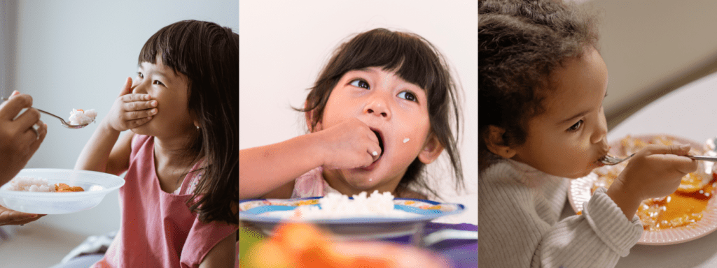 three photos of culturally diverse children eating rice or soup to show multicultural pediatric care