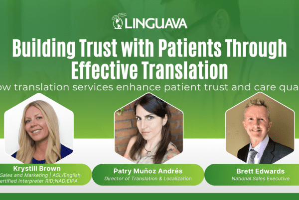 webinar image with building trust with patients through effective translation text in white over green background with headshots below of krystill brown, patry munoz andres, and brett edwards