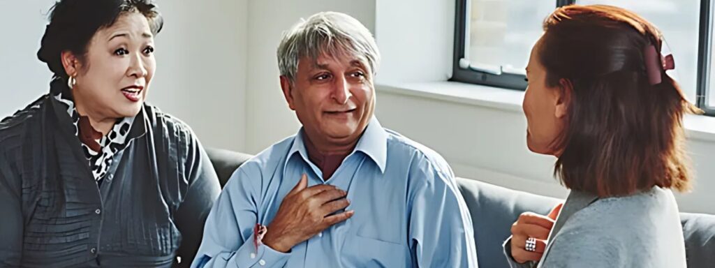 an asian woman, older man with darker skin and gray hair, and a medium skin toned woman talking