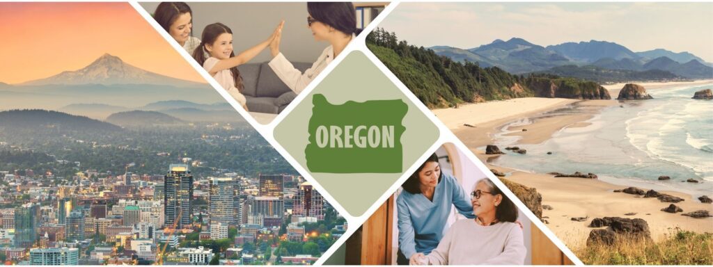 a collage of oregon and healthcare images with the state of oregon in the middle
