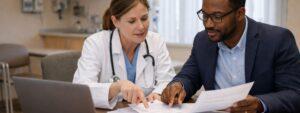 Doctor and patient reviewing paperwork together at a desk with a laptop during a medical consultation.