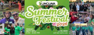 graphic collage of photos from the linguava summer festival with text of summer festival 2026, friday sept 18th 5-8pm, level beer 5211 NE 148th ave