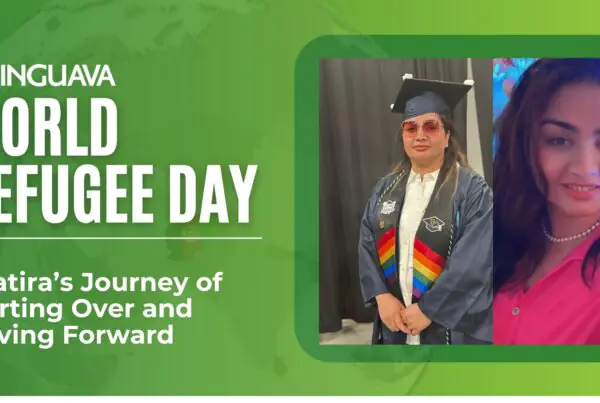 Graphic for World Refugee Day featuring Khatira Afzal, with text reading “Khatira’s Journey of Starting Over and Moving Forward” and two photos of Khatira, including one in graduation attire.