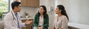A healthcare provider in a white coat sitting in a clinical exam room, speaking and gesturing toward a patient and another woman, who are listening attentively.