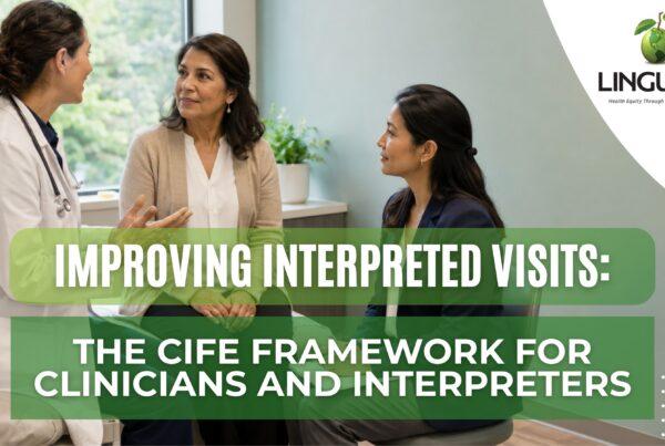graphic with a female doctor, patient and interpreter in the background, with the words "Improving Interpreted Visits: The CIFE framework for clinicians and interpreters" in white over a green box